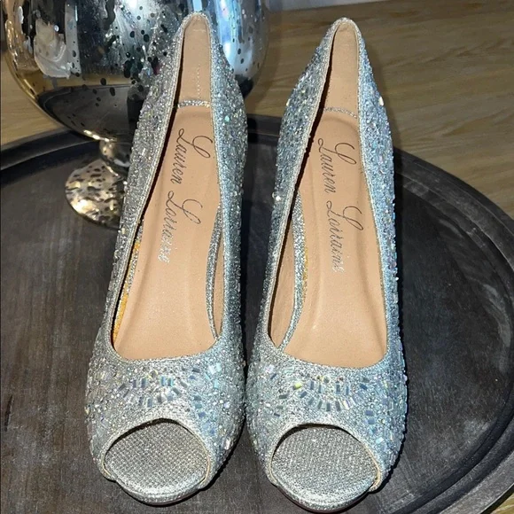 Lauren Lorraine Glittering Silver Rhinestone Peep Toe Heels 6 1/2 - Picture 3 of 11